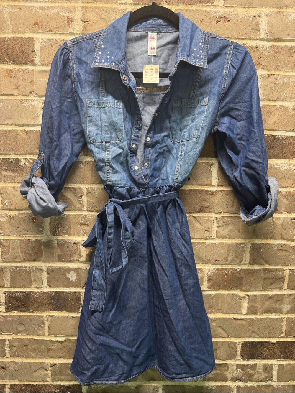Justice Blue Denim Jean Dress Belted Studded Rhinestone Collar